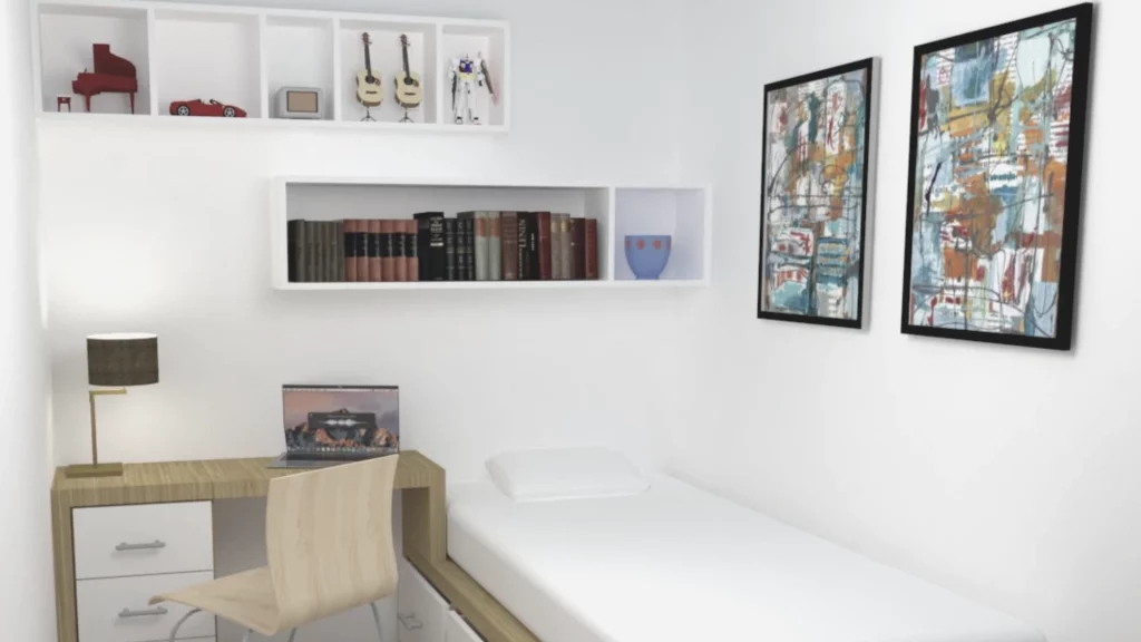 Kamar Minimalis dengan Dipan Sekaligus Lemari dan Rak Tempel